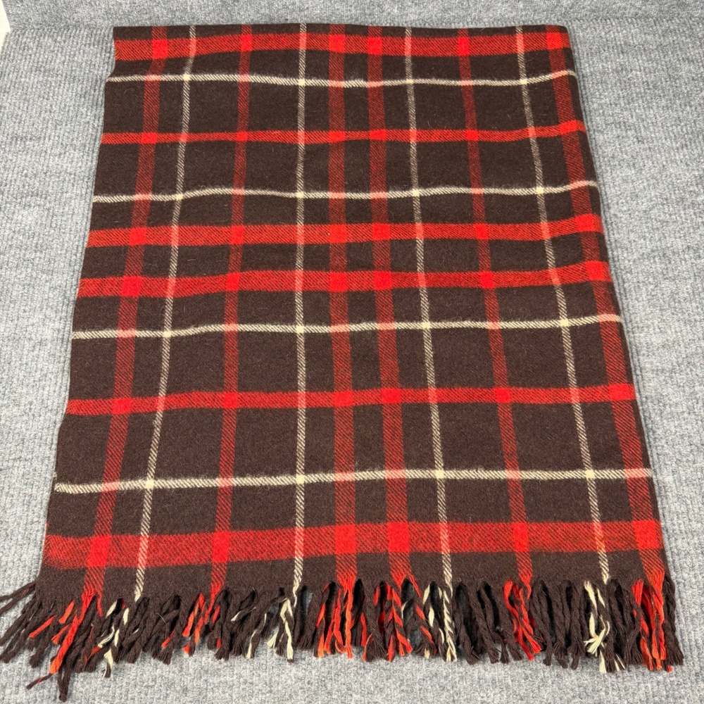Vtg 60s Seymour Wool Blanket 64x55 All Wool Brown Red Plaid Fringe Made in USA
